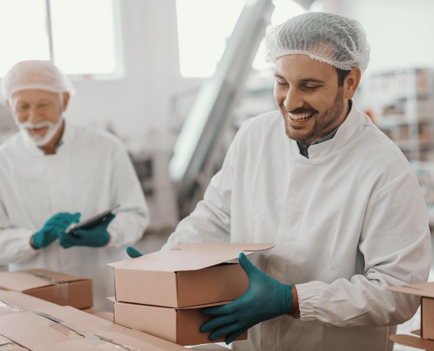 Worker moving packaged products in manufacturing facility