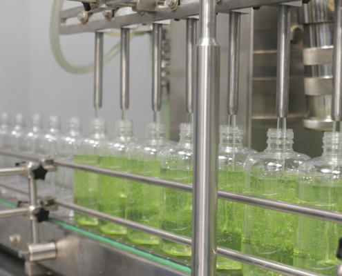 Hand sanitizer bottles filled in factory