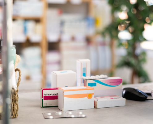 Closeup of various over-the-counter pharmaceutical products