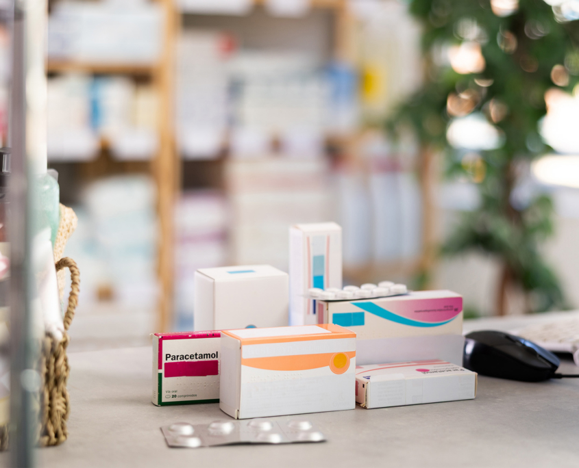 Closeup of various over-the-counter pharmaceutical products